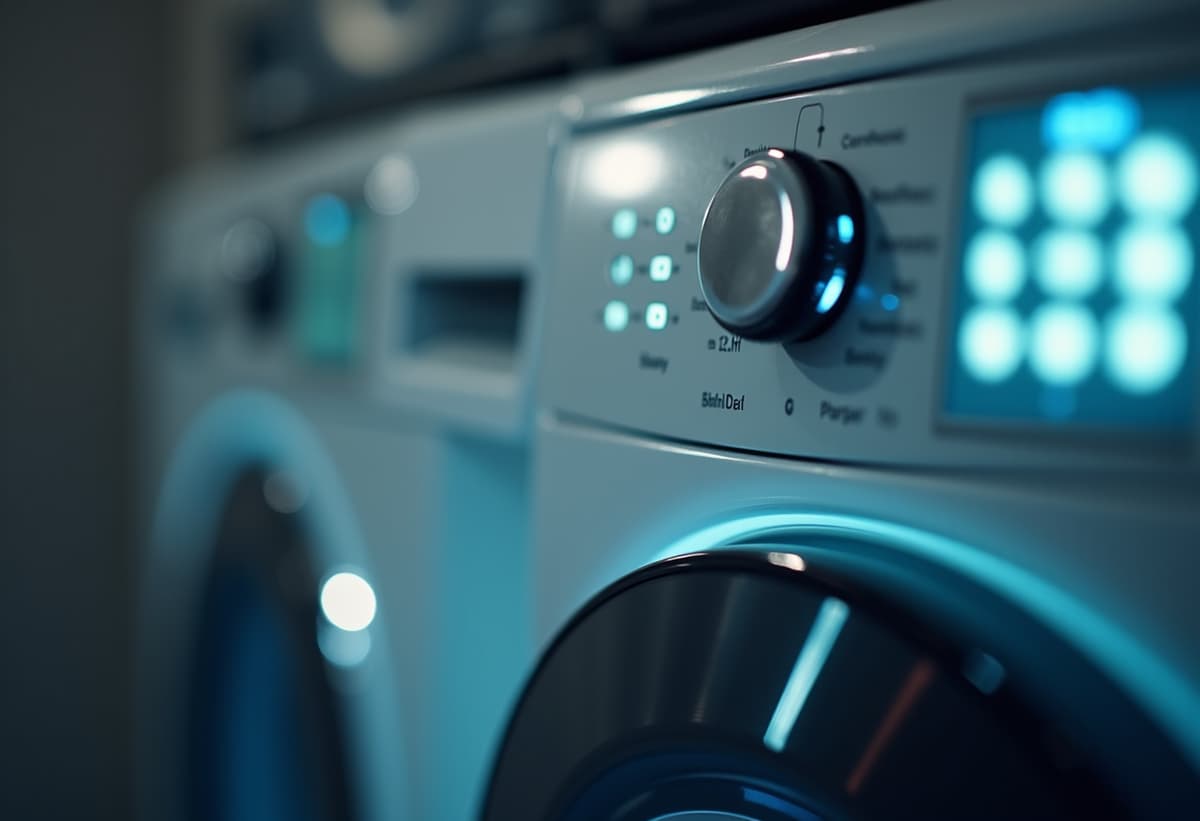 technician inspecting dryer controls with a serious but helpful expression