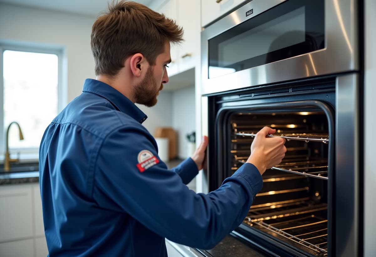 Natomas gas range repair technician inspecting oven