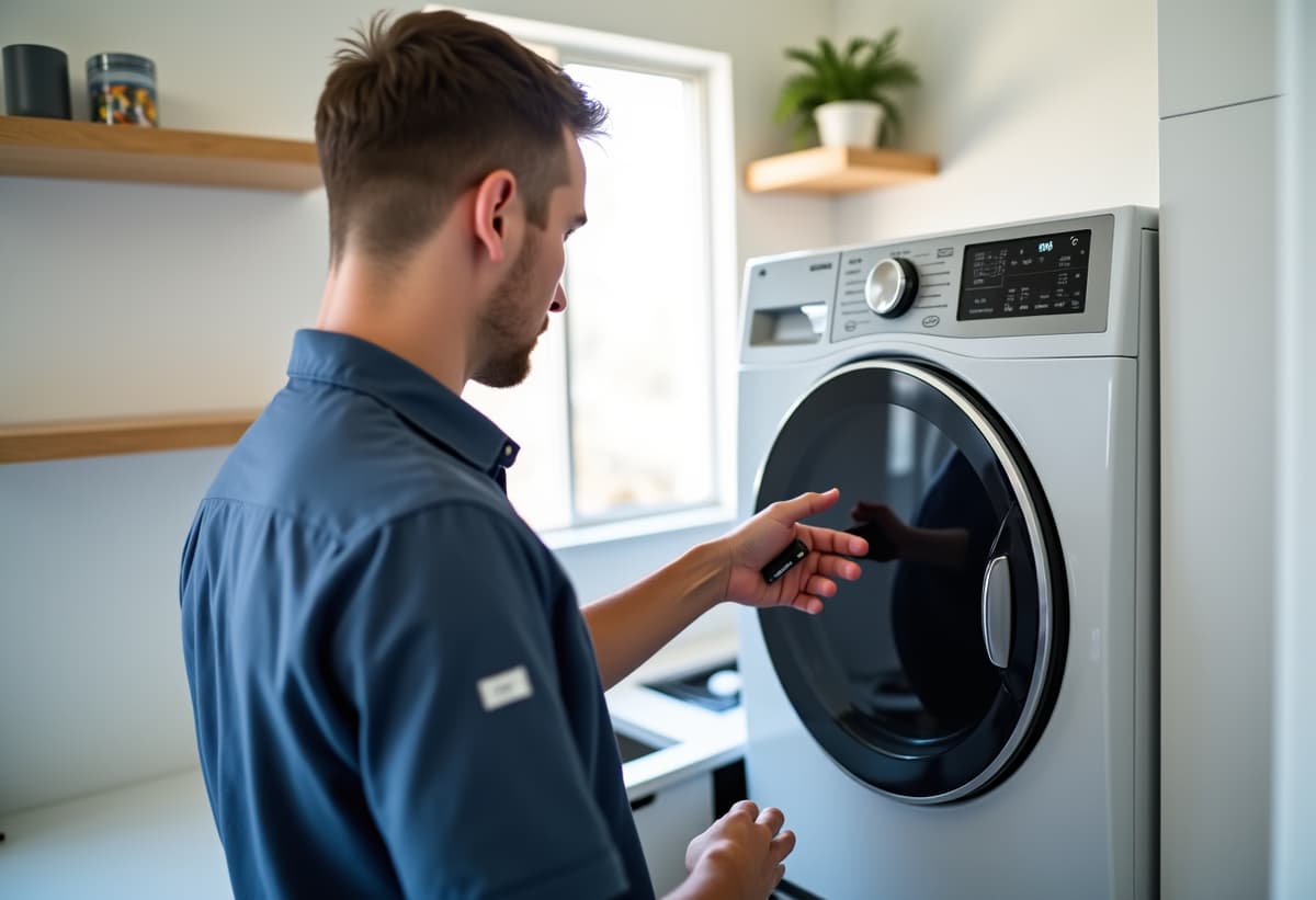 Roseville dryer repair, technician performing inspection on appliance in residential garage