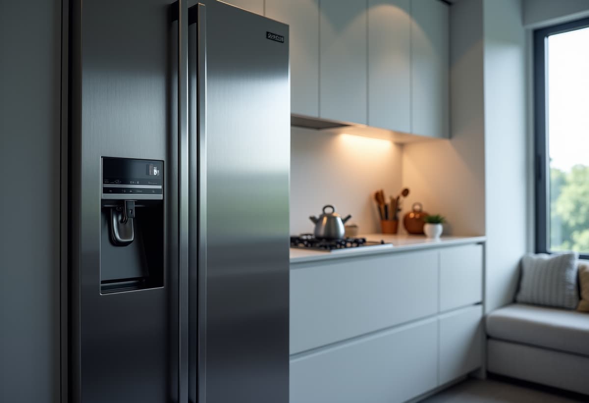 Appliance repair technician inspecting a high-end refrigerator