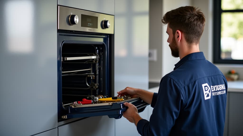 Oven repair technician working on an electric range