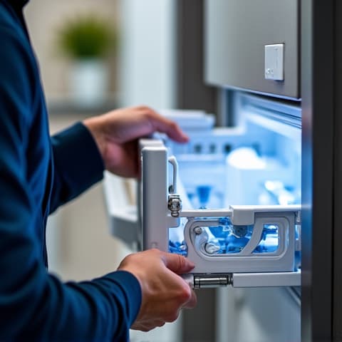Technician repairing a drawer mechanism on a Bosch refrigerator in an integrated Elk Grove kitchen, maintaining the seamless aesthetics of modern appliances.