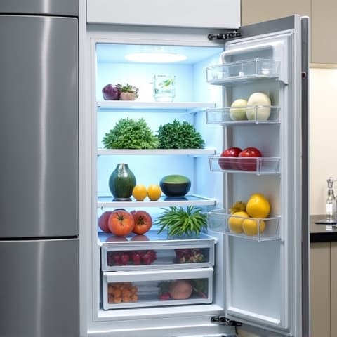 A technician performing routine maintenance on a built-in refrigerator in a custom Citrus Heights kitchen, emphasizing preventative care, near Greenback Lane