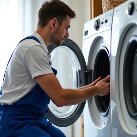 Carmichael appliance technician performing diagnostic on dryer. A professional appliance technician using diagnostic tools to identify a problem with a dryer in a clean, well-lit laundry area. The image conveys proficiency and problem-solving in appliance repair services.