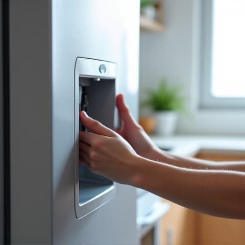 Repair of a refrigerator water dispenser in a modern Citrus Heights kitchen, showcasing intricate work and precision, service delivered near Sunrise Mall