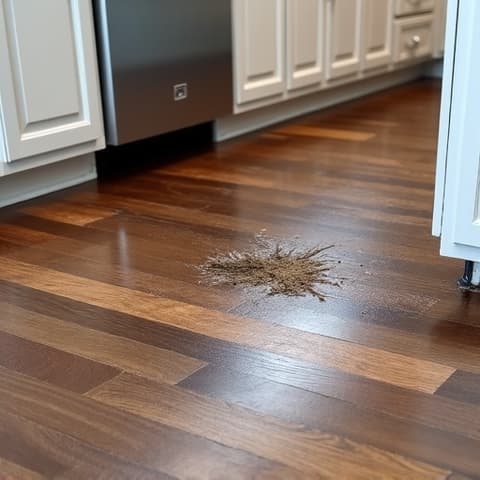 Before image of water-damaged flooring in a commercial kitchen in Sacramento, caused by a neglected appliance leak. The image depicts significant water pooling and structural compromise, underscoring the need for urgent commercial appliance repair.