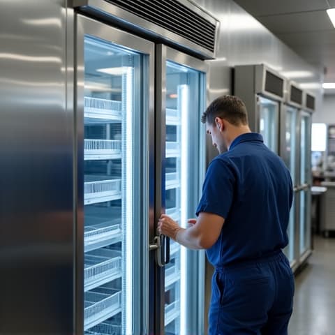 Commercial refrigeration unit repair at a Folsom restaurant. Technician working on a large walk-in cooler, showcasing professional commercial refrigeration unit repair in a Folsom establishment.