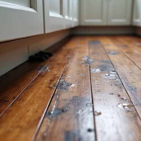 Before image of severe kitchen floor damage from a dishwasher leak, showcasing warped wood and water stains in a Sacramento home. This highlights the importance of timely appliance repair for residential properties.