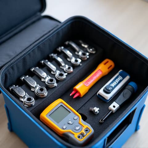 Dryer repair technician with tools on an active job site in West Sacramento