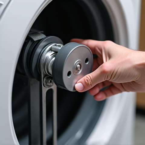 Dryer Pulley System Adjustment in Fair Oaks. A detailed view of a technician adjusting the pulley system of a dryer, ensuring smooth operation, in a Fair Oaks residence.