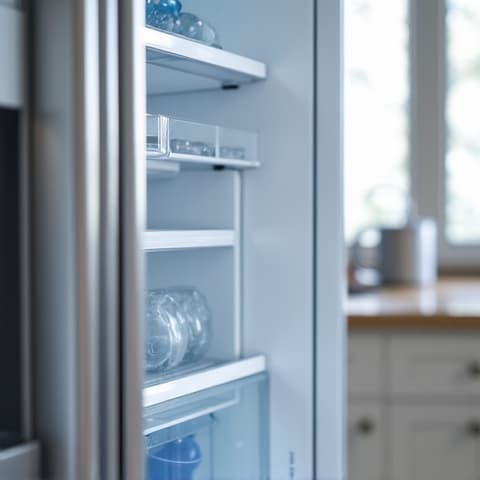 Repairing a KitchenAid refrigerator ice maker in a modern Folsom kitchen. Technician focused on the ice dispenser mechanism, highlighting KitchenAid refrigerator ice maker fix in Folsom.