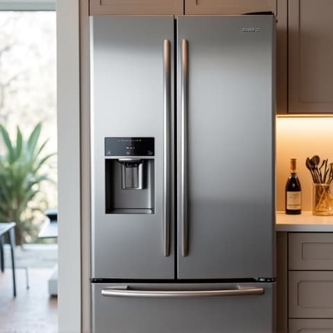 Technician inspecting a Thermador refrigerator in an Empire Oaks Folsom residence. Detailed shot of the appliance