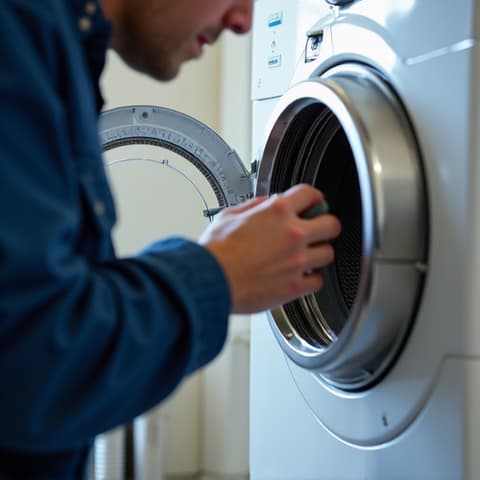 Gas dryer ventilation repair in Carmichael, CA. A technician working on the ventilation system of a gas dryer, ensuring proper air flow and preventing hazards, in a Carmichael residence. The focus is on the repair process and the detailed work involved in maintaining gas dryer safety.