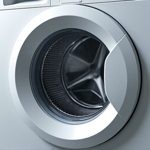 High-Efficiency Washer Repair Ironworks at Triangle Square. A close-up shot of a technician diagnosing a high-efficiency washing machine, with the Ironworks at Triangle Square development visible through a nearby window, indicating local service in West Sacramento.