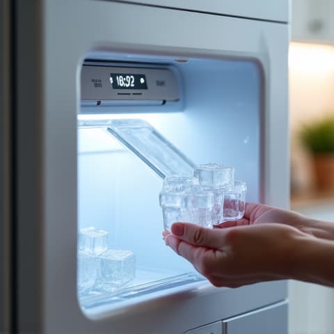 Ice maker repair in Anatolia Rancho Cordova, technician working on a built-in ice machine. Professional repair of residential ice makers, restoring functionality and convenience.