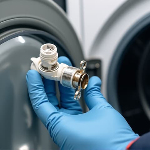 Kenmore Washer Water Inlet Valve Repair in Natomas. Repairman inspecting the water inlet valve of a Kenmore washing machine to fix filling issues in a Natomas household.