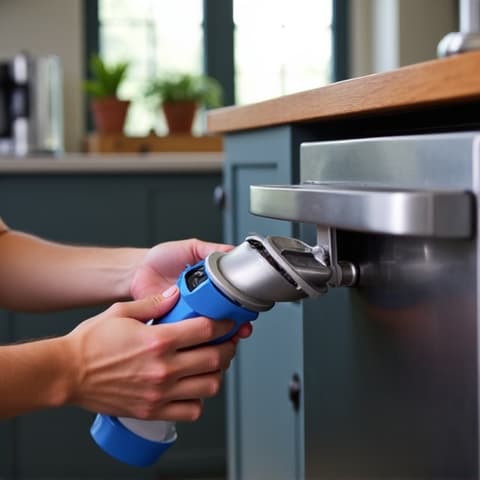 Technician replacing a KitchenAid dishwasher water pump, a common fix for leaks in Elk Grove homes.