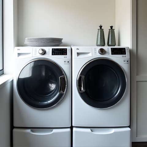Technician servicing a luxury washer and dryer pair in a dedicated laundry room in Elk Grove, highlighting comprehensive care for high-end laundry systems.