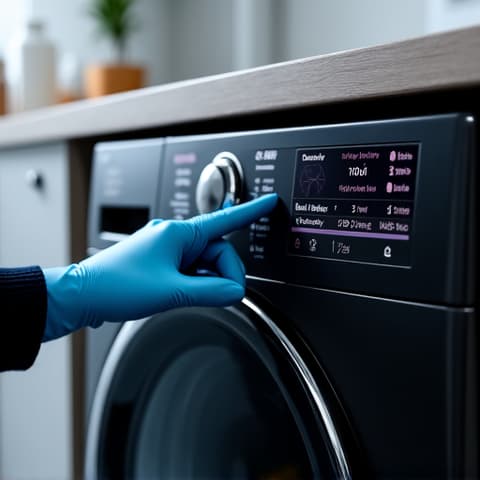 LG Smart Washer Diagnostic in Natomas. A technician using a diagnostic tool on an LG smart washing machine to identify electronic problems in a Natomas client