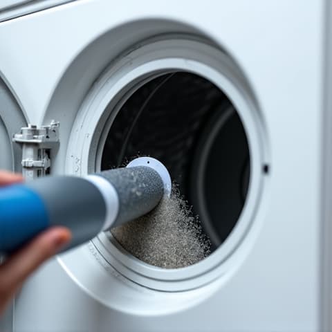 Luxury dryer vent cleaning in Roseville for fire prevention. An appliance technician cleaning a dryer vent in a Roseville residence, highlighting the importance of this service for fire prevention and optimal dryer performance.