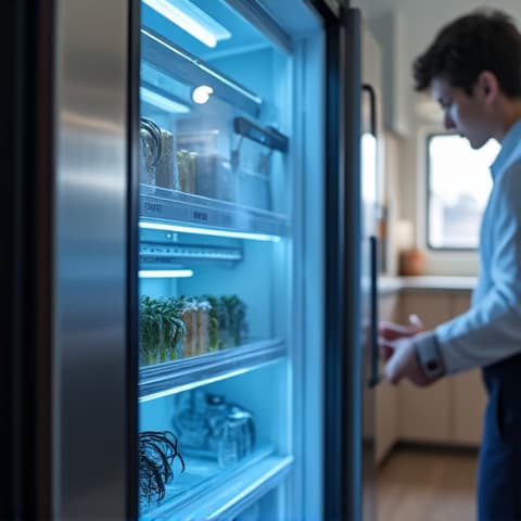 A diagnostic check being performed on a high-end luxury refrigerator in a Citrus Heights kitchen, showcasing professional service, near Sunrise Mall