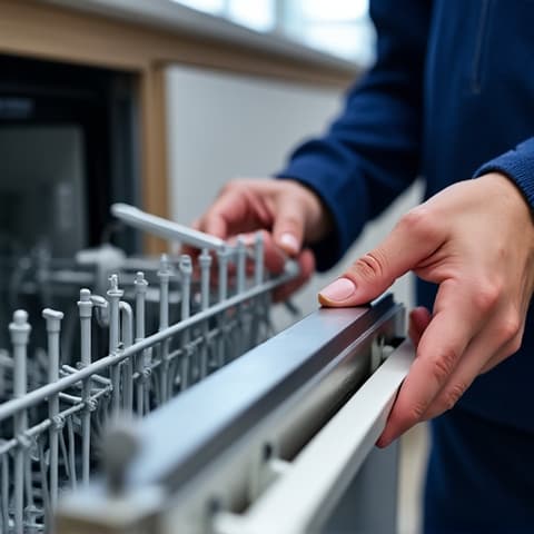 Miele dishwasher repair Sacramento technician diagnosing unit with specialized tools, demonstrating expertise in complex Miele systems.