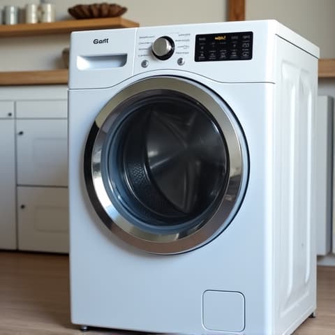 Modern Laundry Room Appliance Installation. A stylish, recently installed washing machine in a contemporary West Sacramento laundry room, emphasizing quality installation and attention to detail.