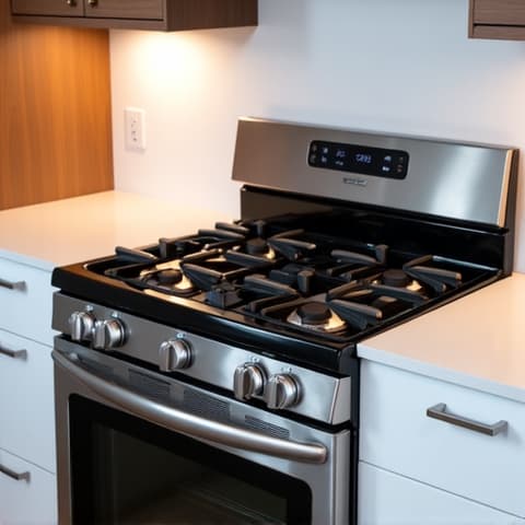 Viking Range Repair in Orangevale, CA. A pristine Viking range after a successful repair, integrated seamlessly into a modern kitchen, highlighting professional service and meticulous cleanup.
