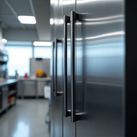 Commercial refrigerator repair service in Sacramento. A technician is maintaining a large commercial refrigeration unit in a business setting.