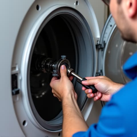 Technician working on a gas dryer unit in Rancho Cordova, near Sacramento Children