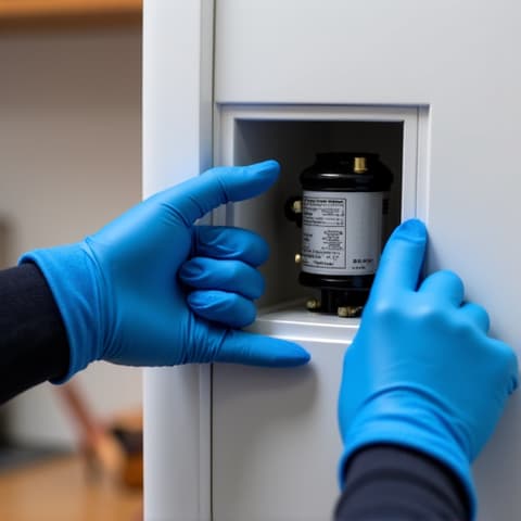 Refrigerator Compressor Replacement near Inderkum High School. A technician is shown diligently working on a refrigerator, replacing its compressor in a residential kitchen.