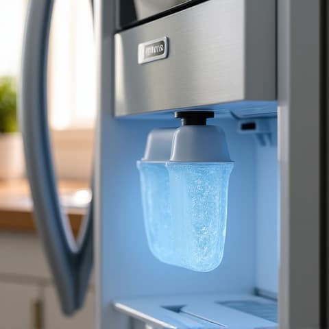 Before: Refrigerator ice dispenser clogged with frozen clumps, preventing ice delivery in a Fair Oaks residence. An ice dispenser on a refrigerator front, completely jammed with frozen ice chunks, demonstrating a common problem before service in a Fair Oaks, Sacramento home.