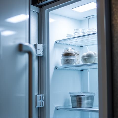 Refrigerator repair in Anatolia Rancho Cordova, technician working on a Sub-Zero refrigerator. Detailed repair of a high-end luxury appliance, focusing on precision and care.