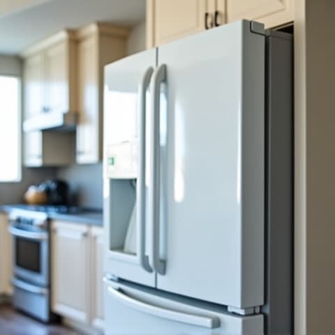 Before and after of a refrigerator repair in a contemporary Citrus Heights kitchen, showing a clean, functional appliance near Greenback Lane
