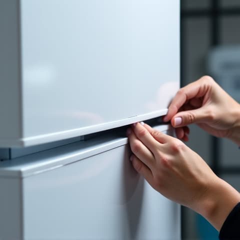 Refrigerator sealant replacement service in Rancho Cordova, CA, showing a technician ensuring a proper seal. Essential maintenance for energy efficiency and food preservation.