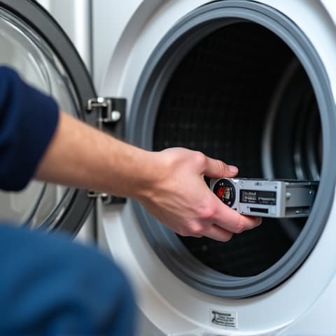 Repairing an LG dryer in Citrus Heights with expert service and genuine parts. Close-up of technician
