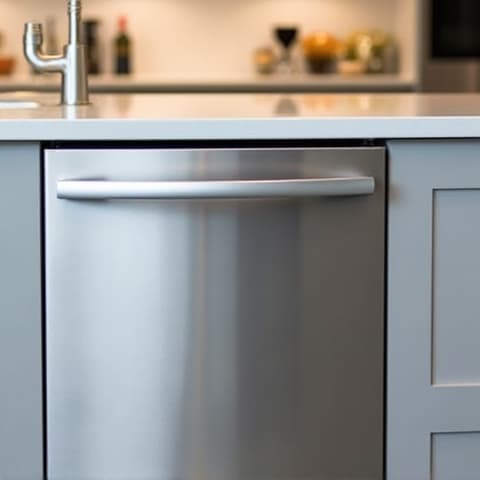 Sacramento KitchenAid Dishwasher Repair Completed. A KitchenAid dishwasher, newly repaired and integrated into a custom Sacramento kitchen, reflects its high-quality finish.