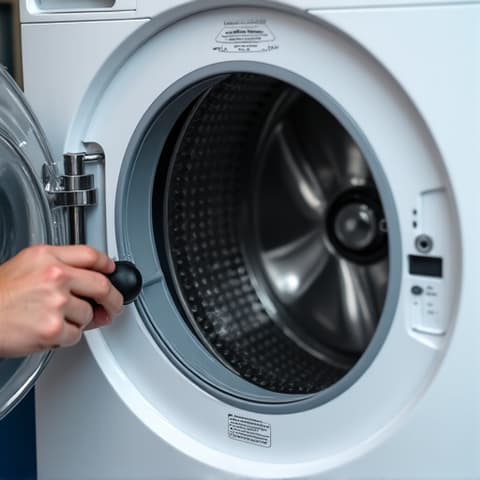 Speed Queen Washer Belt Replacement in Natomas. Technician adjusting the drive belt on a Speed Queen washing machine, ensuring optimal function in a Natomas home.