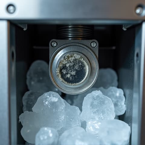 Before: Internal view of a commercial standalone ice machine showing mineral deposits and worn components, awaiting repair in Sacramento. The inner workings of a commercial standalone ice machine, exhibiting severe hard water scale and damaged parts, as seen before a repair in Sacramento.