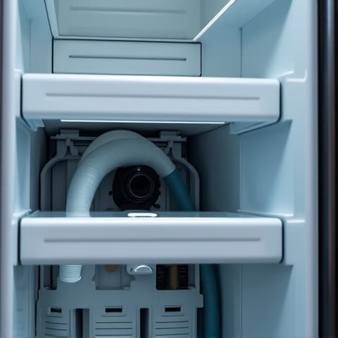 Sub-Zero refrigerator compressor replacement in Granite Bay, CA. A professional appliance technician is working on the back panel of a Sub-Zero unit.