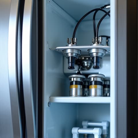 Interior shot of a Sub-Zero freezer drawer being repaired, focusing on the mechanical components and frost-free system by a Sacramento repair expert.