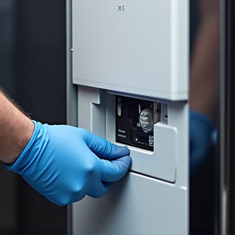 Sub-Zero ice machine fix in Anatolia, technician performing maintenance on a high-end ice maker. Ensuring consistent ice production for luxury appliances.