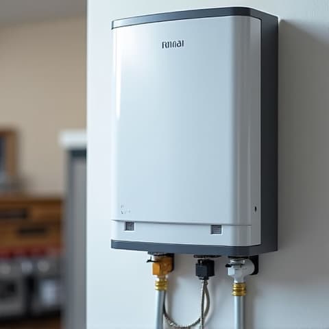 Sacramento tankless water heater descaling with Rinnai unit. Professional tankless water heater descaling service in Sacramento, showing a Rinnai unit undergoing maintenance to remove mineral buildup, ensuring efficient operation and extending appliance lifespan.