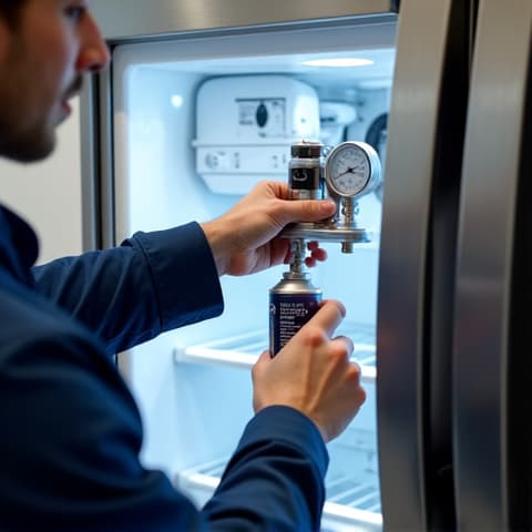 Viking Refrigerator Freon Recharge Near Phoenix Park, Fair Oaks. A professional technician replenishing Freon in a Viking refrigerator, ensuring optimal cooling performance for a Fair Oaks resident.