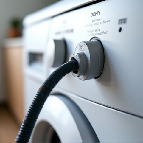 Technician replacing a damaged drain hose on a washing machine, ensuring proper functionality and preventing leaks during a repair in Carmichael, CA. Plumbing repair for washers.