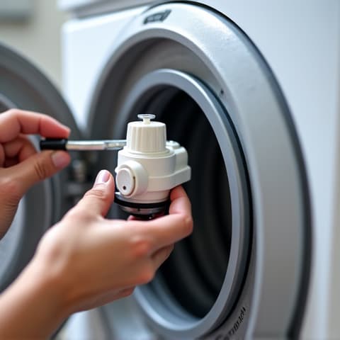 Washing machine drain pump replacement in Carmichael. A technician replaces the faulty drain pump of a washing machine, an essential repair for proper water drainage. This image highlights a common mechanical issue.
