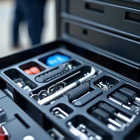 Organized compartment inside a Luxury Appliances Repairs service van, filled with various washer components and tools, ensuring efficient on-site repairs. Mobile workshop convenience.