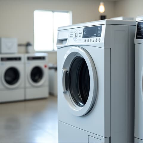 West Sacramento Laundry Appliance Service 95605. A broad shot of a pristine laundry room in a West Sacramento home, showcasing various laundry appliances and a service vehicle partially visible outside, highlighting comprehensive appliance service in the 95605 zip code.