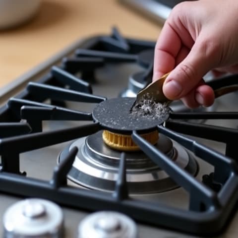 Expert serviceman fixing a Wolf gas cooktop in an Elk Grove home. Close-up of a technician working on a Wolf cooktop burner, demonstrating precise repairs using specialized tools while protecting the surrounding countertop.