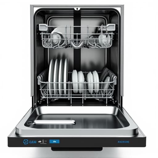 Female technician inspecting a dishwasher control panel in a modern, clean residential kitchen with light countertops